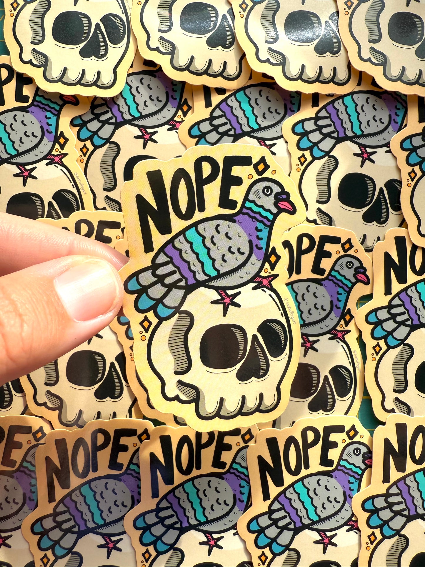 Nope Pigeon on Skull Sticker