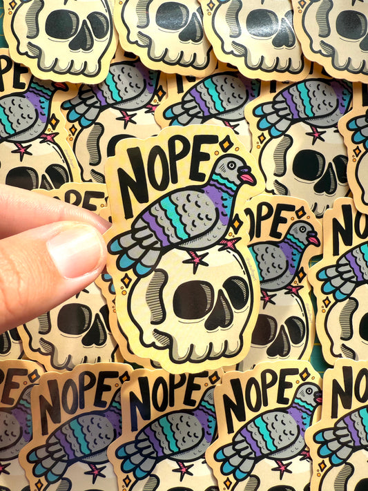 Nope Pigeon on Skull Sticker